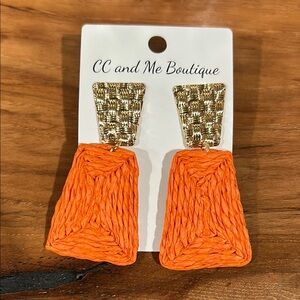 Boho Statement Earrings Orange & Gold Raffia Lightweight Drop Dangle Earrings